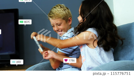 Image of notification bars over diverse children trying to snatch digital tablet from each other 115776751
