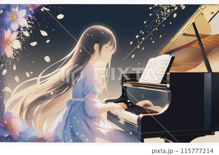 ピアノで演奏する少女 水彩風【AI生成画像】のイラスト素材 [115777214