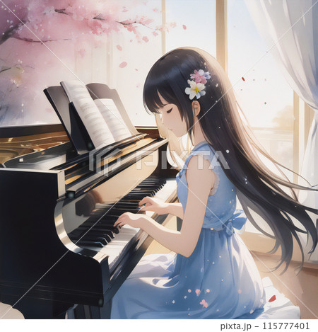 ピアノで演奏する少女 水彩風【AI生成画像】のイラスト素材 [115777401