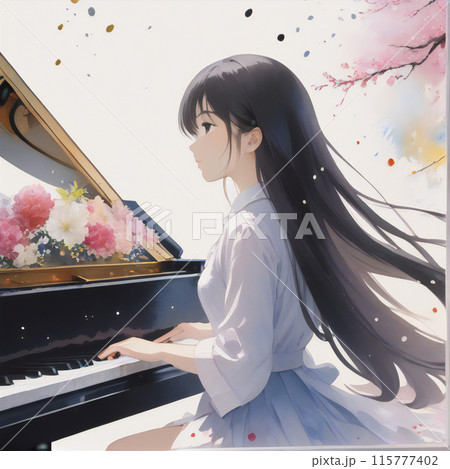 ピアノで演奏する少女 水彩風【AI生成画像】のイラスト素材 [115777402