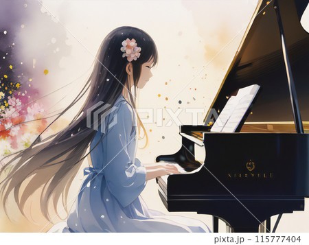 ピアノで演奏する少女 水彩風【AI生成画像】のイラスト素材 [115777404