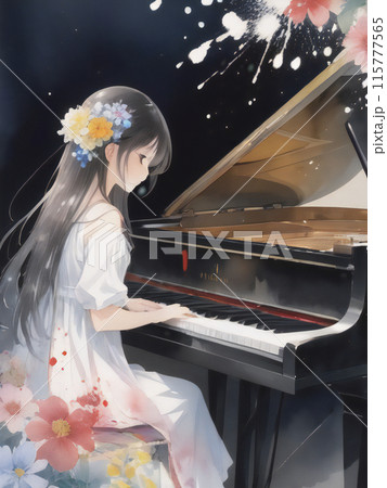 ピアノで演奏する少女 水彩風【AI生成画像】のイラスト素材 [115777565