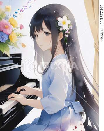 ピアノで演奏する少女 水彩風【AI生成画像】のイラスト素材 [115777566