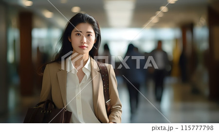 A young professional woman dressed in business attire is walking 115777798