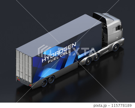 黒バックにシルバー色のFCVトラックのアイソメイメージ。燃料電池電動トラックのコンセプト。 黒バックにシルバー色のFCVトラックのアイソメイメージ。燃料電池電動トラックのコンセプト。 115778189