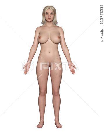 直立画像　裸体 手を開き直立する全裸の白人女性、正面のイラスト素材 [115778553] - PIXTA