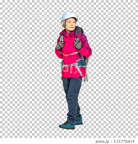 ヘルメットを被って歩くシニア女性　手作業で精密に切り抜いた背景透過全身写真PNG 115778814