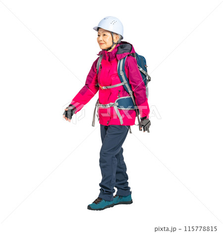 ヘルメットを被って歩くシニア女性 手作業で精密に切り抜いた背景透過全身写真PNG ヘルメットを被って歩くシニア女性 手作業で精密に切り抜いた背景透過全身写真PNG 115778815