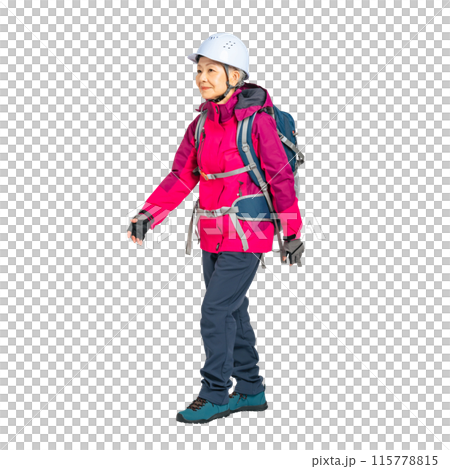 ヘルメットを被って歩くシニア女性 手作業で精密に切り抜いた背景透過全身写真PNG ヘルメットを被って歩くシニア女性 手作業で精密に切り抜いた背景透過全身写真PNG 115778815