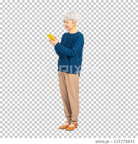 Smiling senior woman using a smartphone - Full-body photo PNG with transparent background precisely cut out by hand Smiling senior woman using a smartphone - Full-body photo PNG with transparent background precisely cut out by hand 115778833