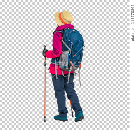 The back view of a senior woman wearing outdoor wear. A transparent full-body photo PNG precisely cut by hand 115778863