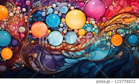 A colorful abstract painting with a variety of bubble 115778872