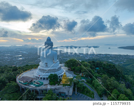 aerial view Phuket big Buddha in cloudy sky at sunrise. aerial view Phuket big Buddha in cloudy sky at sunrise. 115779935