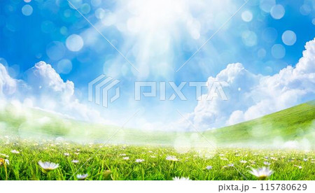 キラキラした春の草原と空の背景イラスト(AI生成素材) キラキラした春の草原と空の背景イラスト(AI生成素材) 115780629