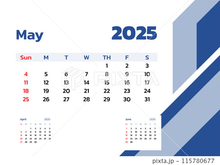 May 2025 Calendar. Week start on Sunday. Desk calendar 2025 design, simple and clean design, Wall calendar for print, digital calendar, Corporate design planner template vector. 115780677