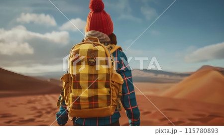 A lonely traveler with a backpack walks through the desert. Back view. A lonely traveler with a backpack walks through the desert. Back view. 115780893