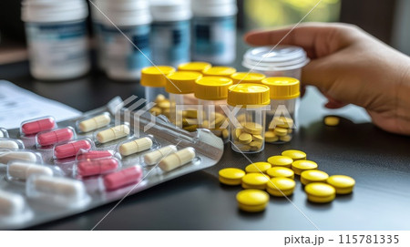 Hands of a doctor sorting out medicinal pills or vitamin capsules close-up. 115781335