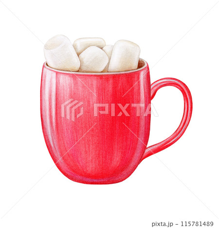 Hot chocolate with marshmallow in red cup. Painted vintage style illustration. Hand drawn winter season traditional hot sweet drink. Marshmallows in a red cup. Isolated on white background Hot chocolate with marshmallow in red cup. Painted vintage style illustration. Hand drawn winter season traditional hot sweet drink. Marshmallows in a red cup. Isolated on white background 115781489
