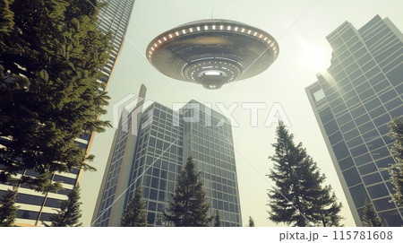 A massive alien vessel hovers menacingly above the city, casting an eerie glow upon the streets. 115781608