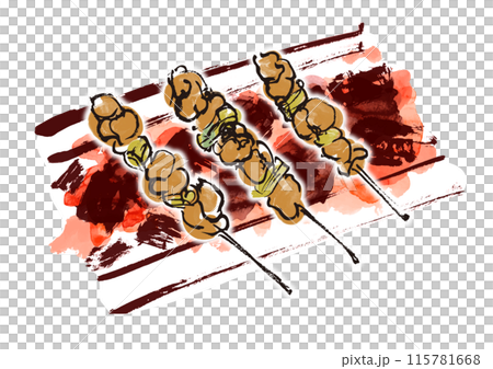 A handwritten Japanese-style brush-written illustration of three skewers of yakitori grilled over charcoal A handwritten Japanese-style brush-written illustration of three skewers of yakitori grilled over charcoal 115781668