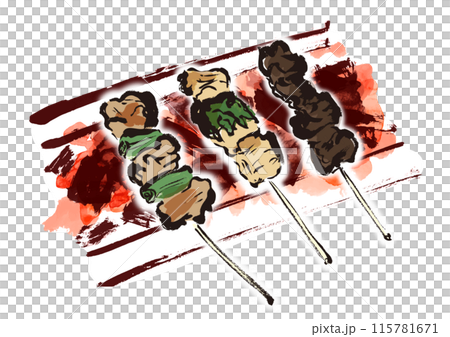 A handwritten Japanese-style brush-written illustration of three skewers of yakitori grilled over charcoal 115781671