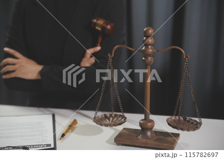 Law theme, gavel or mallet of the judge, lawyer enforcement officers, evidence-based cases taken into account in the court abount business, legislation. 115782697