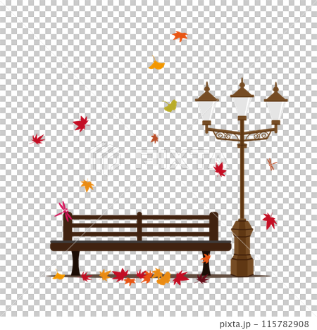 秋葉和蜻蜓景觀中的長凳和室外光的插圖 秋葉和蜻蜓景觀中的長凳和室外光的插圖 115782908