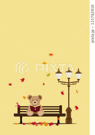 紅葉の中でベンチで読書をするクマのぬいぐるみのイラスト 紅葉の中でベンチで読書をするクマのぬいぐるみのイラスト 115782916
