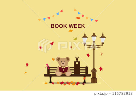ベンチでクマのぬいぐるみが読書をするBOOK WEEKのイラスト ベンチでクマのぬいぐるみが読書をするBOOK WEEKのイラスト 115782918