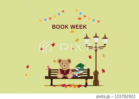 紅葉の中、ベンチでクマのぬいぐるみが読書するBOOK WEEKのイラストのイラスト 紅葉の中、ベンチでクマのぬいぐるみが読書するBOOK WEEKのイラストのイラスト 115782922