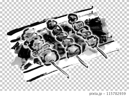焼き鳥3本を炭火で焼いている手書きの和風筆書きイラスト 115782939