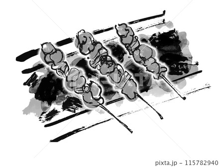 焼き鳥3本を炭火で焼いている手書きの和風筆書きイラスト 115782940