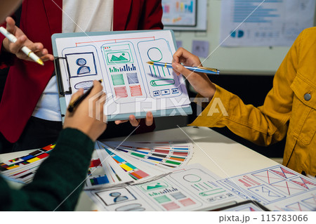UX developer and ui designer brainstorming about mobile app interface wireframe design with customer breif and color code, User experience concept.. UX developer and ui designer brainstorming about mobile app interface wireframe design with customer breif and color code, User experience concept.. 115783066