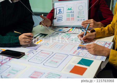 UX developer and ui designer brainstorming about mobile app interface wireframe design with customer breif and color code, User experience concept.. 115783068