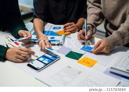 UX developer and ui designer brainstorming about mobile app interface wireframe design with customer breif and color code, User experience concept.. UX developer and ui designer brainstorming about mobile app interface wireframe design with customer breif and color code, User experience concept.. 115783084