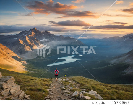 夕焼けに染まる山と登山者 115783668