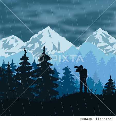 A photographer at the moment of shooting the natural landscape of the mountain range and spruce forest of Alaska. Vector illustration dark rainy sky over mountains and drizzling rain. Silhouette of a 115783721