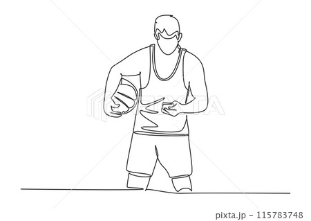 Continuous one line drawing basketball player holding basketball ball and typing chat message on smartphone. Mobile sports stream championship play. Single line draw design vector graphic illustration Continuous one line drawing basketball player holding basketball ball and typing chat message on smartphone. Mobile sports stream championship play. Single line draw design vector graphic illustration 115783748