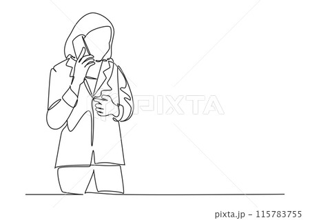 Single continuous line drawing of young businesswoman walking to the office and talking on smartphone with her business partner. Business call concept. One line draw graphic design vector illustration 115783755