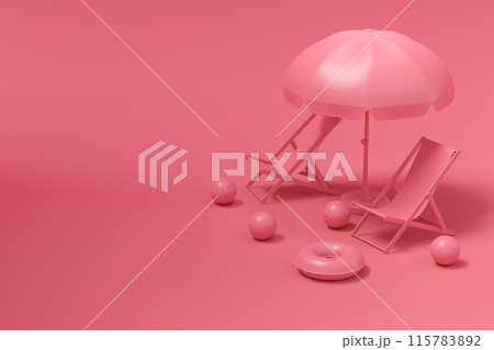 Colorful beach rings, chair, umbrellas and luggage on monochrome background. 115783892