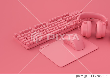 Modern home office setup featuring keyboard, mouse and headphones 115783902