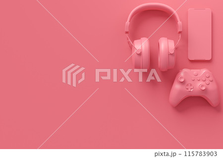 Flying gamer gears like headphones, mobile and joystick on monochrome background 115783903