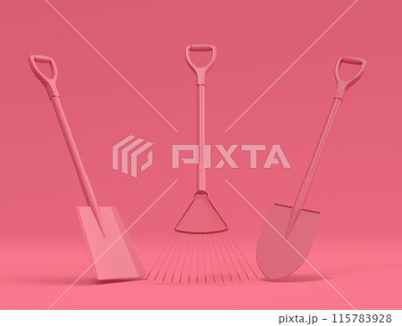Garden shovel, pitchfork and rake on monochrome background, camping concept 115783928