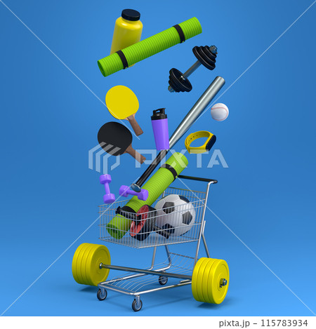 Sport equipment for fitness, gym, crossfit in shopping cart on blue 115783934