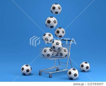 Set of ball like basketball, football and golf in shopping cart on blue 115783937