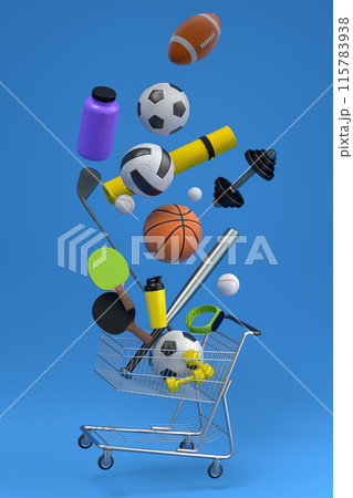 Sport equipment for fitness, gym, crossfit in shopping cart on blue 115783938