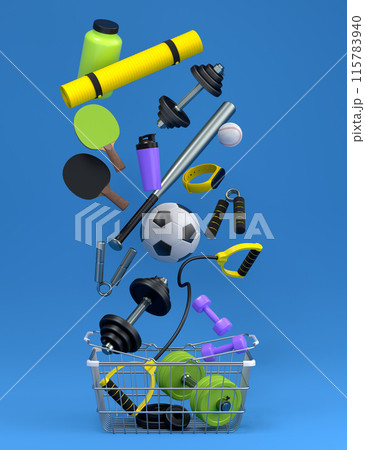 Sport equipment for fitness, gym, crossfit in shopping basket on blue 115783940