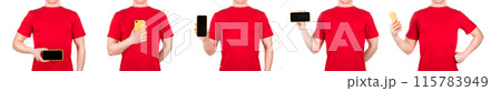 Man in red t-shirt holding mobile phone on his palm isolated white background Man in red t-shirt holding mobile phone on his palm isolated white background 115783949