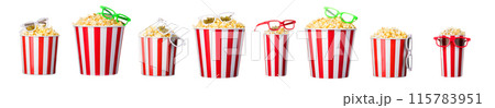 Paper striped bucket with popcorn and 3D glasses isolated on white background Paper striped bucket with popcorn and 3D glasses isolated on white background 115783951