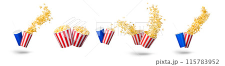 Paper striped bucket with popcorn and cup of soft drink isolated on white 115783952
